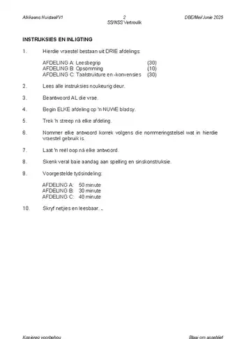 Afrikaans Language Grade 12 May/June 2025 Paper 1 question paper, first page of questions