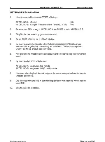 Afrikaans Language Grade 12 September Trial 2025 Paper 3 question paper, first page of questions