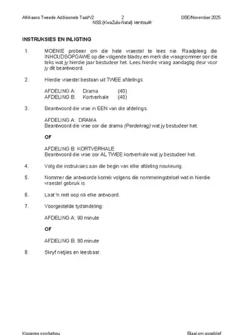 Afrikaans Language Grade 12 November 2025 Paper 2 (KwaZulu-Natal) question paper, first page of questions