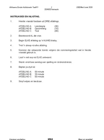 Afrikaans Language Grade 12 May/June 2026 Paper 1 question paper, first page of questions