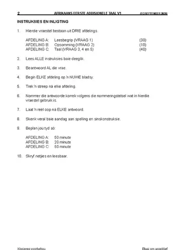 Afrikaans Language Grade 12 September Trial 2026 Paper 1: First Additional Language (Eastern Cape) question paper, first page of questions