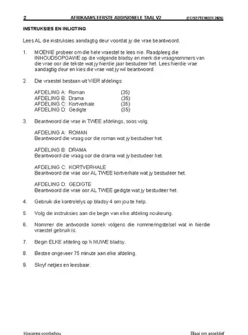 Afrikaans Language Grade 12 September Trial 2026 Paper 2: First Additional Language (Eastern Cape) question paper, first page of questions