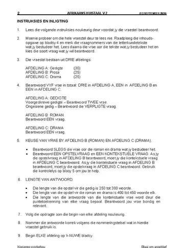 Afrikaans Language Grade 12 September Trial 2026 Paper 2: Home Language (Eastern Cape) question paper, first page of questions