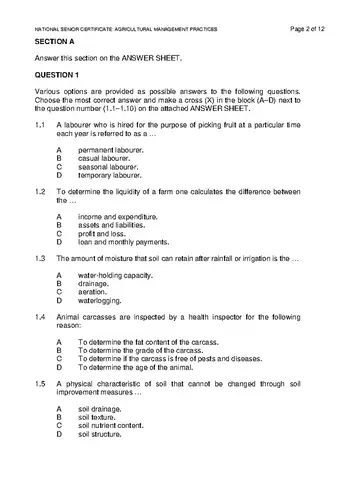 IEB Agricultural Management Practices Grade 12 November 2018 (IEB) question paper, first page of questions