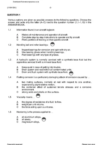 Aircraft Maintenance N1 August 2021 question paper, first page of questions