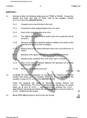 Bricklaying and Plastering Theory N1 November 2016 question paper, first page of questions