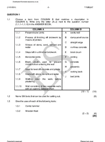 Bricklaying and Plastering Theory N1 April 2018 question paper, first page of questions