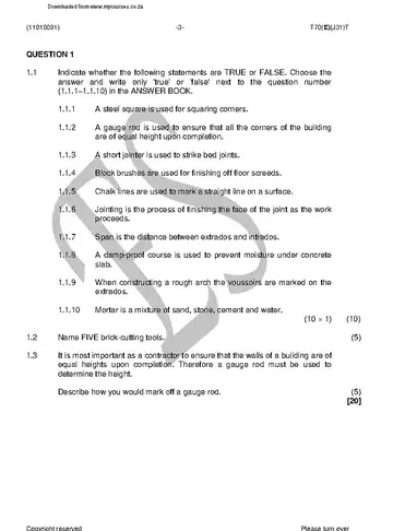 Bricklaying and Plastering Theory N1 August 2018 question paper, first page of questions