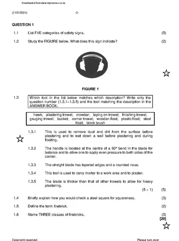 Bricklaying and Plastering Theory N1 November 2023 question paper, first page of questions