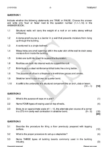 Bricklaying and Plastering Theory N2 April 2018 question paper, first page of questions