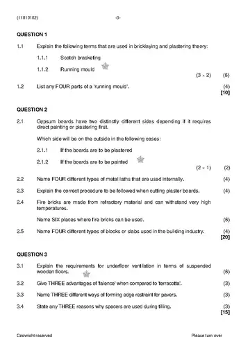 Bricklaying and Plastering Theory N2 April 2019 question paper, first page of questions