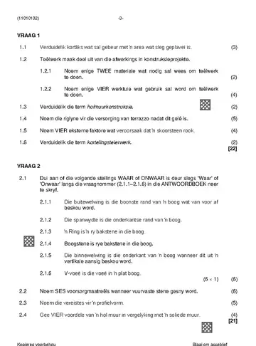 Bricklaying and Plastering Theory N2 November 2022 question paper, first page of questions