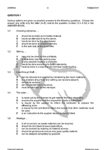 Building Administration N4 November 2016 question paper, first page of questions