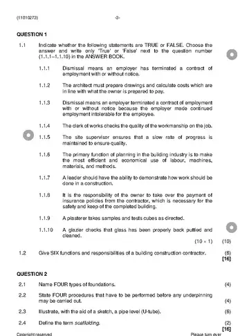 Building and Civil Technology N3 November 2022 question paper, first page of questions