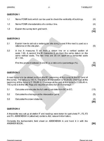 Building and Structural Surveying N6 August 2018 question paper, first page of questions