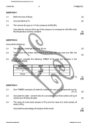 Building Science N1 April 2016 question paper, first page of questions