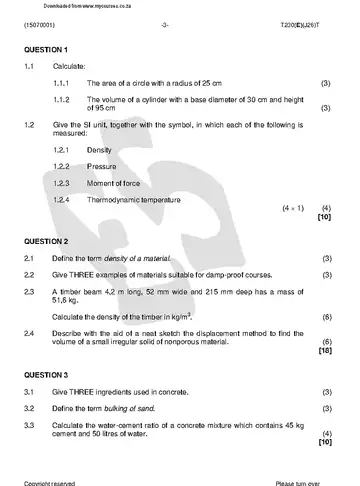 Building Science N1 August 2018 question paper, first page of questions