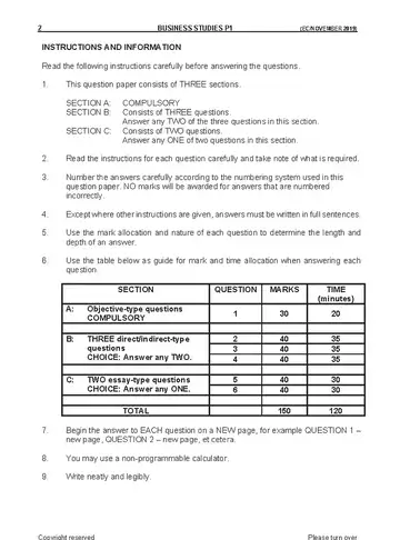 Business Studies Grade 10 November 2019 Paper 1 question paper, first page of questions