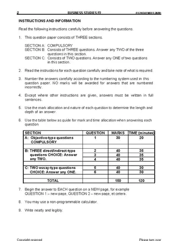 Business Studies Grade 10 November 2020 Paper 2 question paper, first page of questions