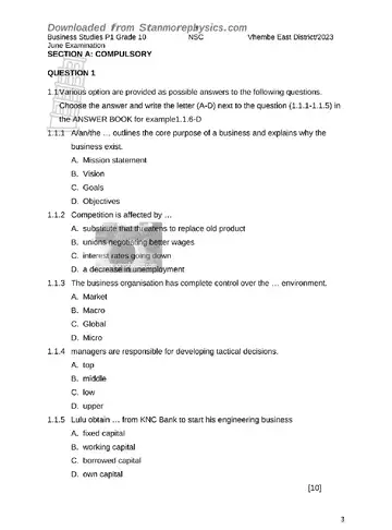 Business Studies Grade 10 June 2023 Paper 1 (Limpopo) question paper, first page of questions