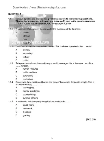 Business Studies Grade 10 November 2023 Paper 1 (Eastern Cape) question paper, first page of questions