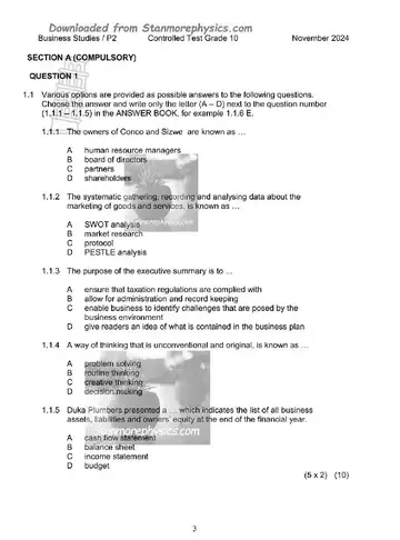 Business Studies Grade 10 November 2024 Paper 2 (KwaZulu-Natal) question paper, first page of questions