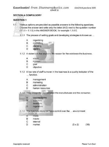 Business Studies Grade 10 June 2025 Paper 1 (Limpopo) question paper, first page of questions