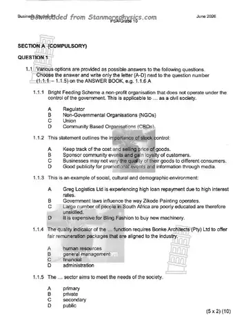 Business Studies Grade 10 June 2026 Paper 1 (KwaZulu-Natal) question paper, first page of questions
