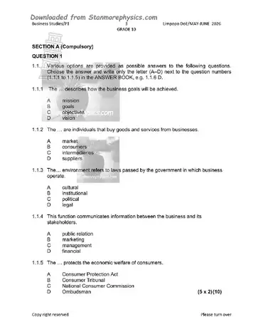 Business Studies Grade 10 June 2026 Paper 1 (Limpopo) question paper, first page of questions