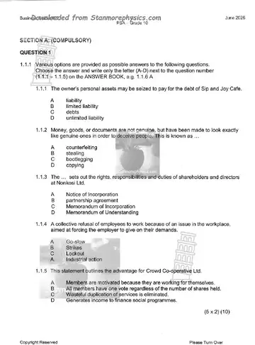 Business Studies Grade 10 June 2026 Paper 2 (KwaZulu-Natal) question paper, first page of questions