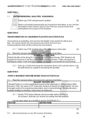 Business Studies Grade 11 Task 2023 (Gauteng) question paper, first page of questions