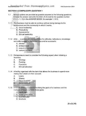 Business Studies Grade 11 September 2024 (North West) question paper, first page of questions