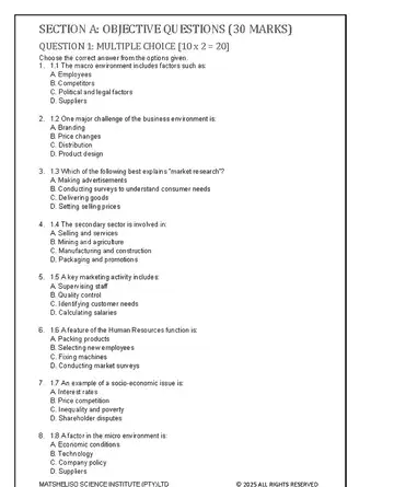 Business Studies Grade 11  2025 Paper 1 question paper, first page of questions