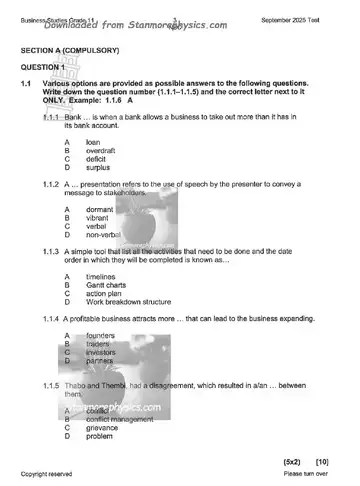 Business Studies Grade 11 September 2025 (KwaZulu-Natal) question paper, first page of questions