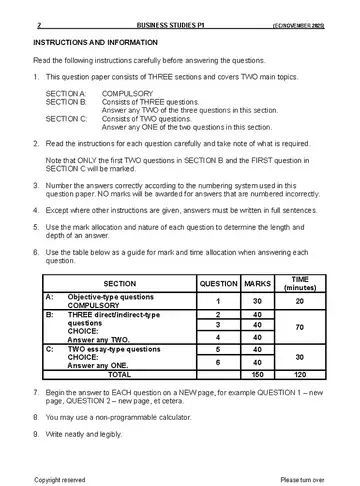 Business Studies Grade 11 November 2025 Paper 1 question paper, first page of questions