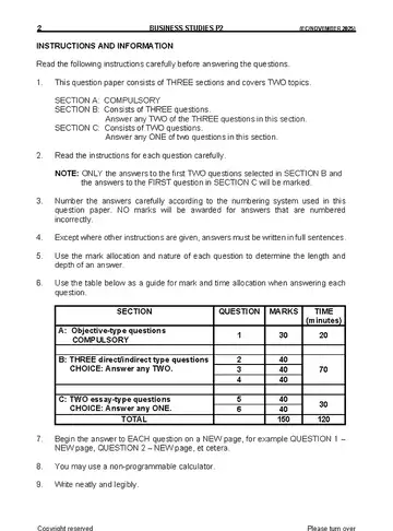 Business Studies Grade 11 November 2025 Paper 2 question paper, first page of questions