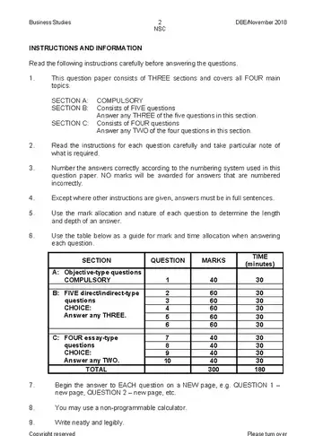 Business Studies Grade 12 November 2018 (National DBE) question paper, first page of questions