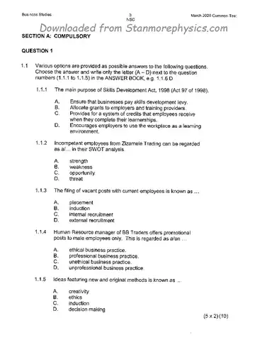 Business Studies Grade 12 March Test 2020 question paper, first page of questions
