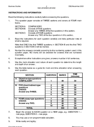 Business Studies Grade 12 November 2020 (National DBE) question paper, first page of questions