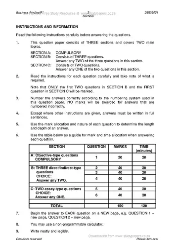 Business Studies Grade 12 May/June 2021 Paper 1 question paper, first page of questions