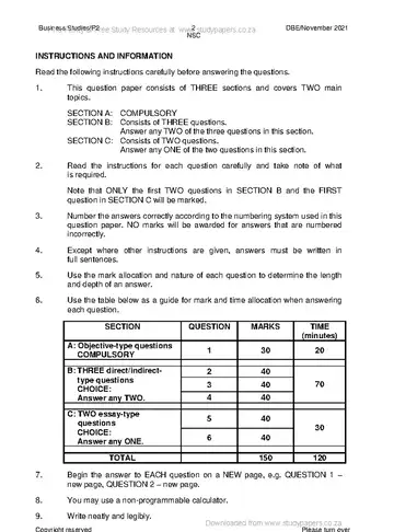 Business Studies Grade 12 November 2021 Paper 2 (National DBE) question paper, first page of questions