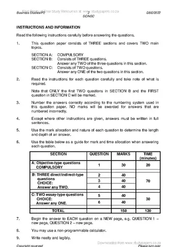 Business Studies Grade 12 May/June 2022 Paper 2 question paper, first page of questions
