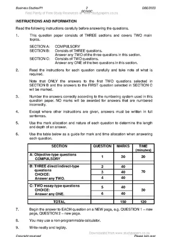Business Studies Grade 12 May/June 2023 Paper 1 question paper, first page of questions
