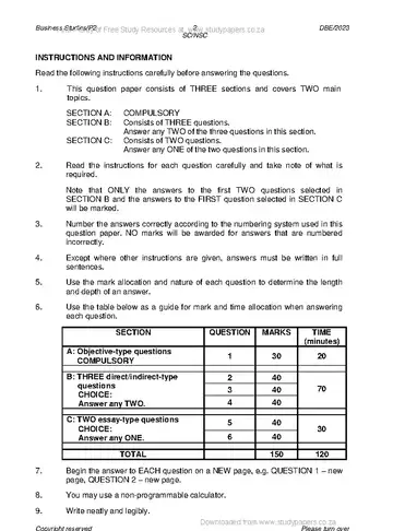 Business Studies Grade 12 May/June 2023 Paper 2 question paper, first page of questions