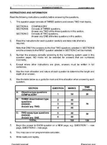 Business Studies Grade 12 September Trial 2023 Paper 1 question paper, first page of questions