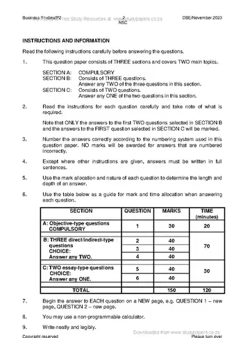 Business Studies Grade 12 November 2023 Paper 2 (National DBE) question paper, first page of questions