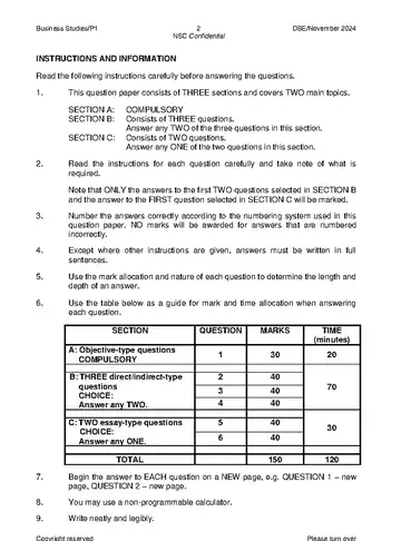 Business Studies Grade 12 November 2024 Paper 1 (National DBE) question paper, first page of questions