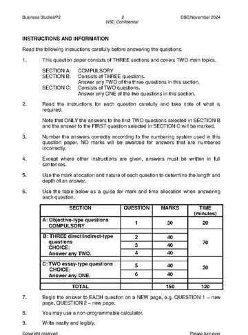 Business Studies Grade 12 November 2024 Paper 2 (National DBE) question paper, first page of questions