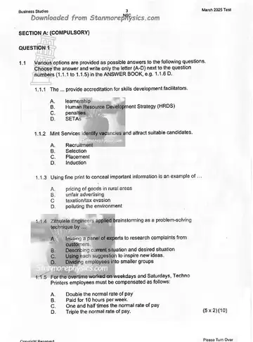 Business Studies Grade 12 March Test 2025 (KwaZulu-Natal) question paper, first page of questions