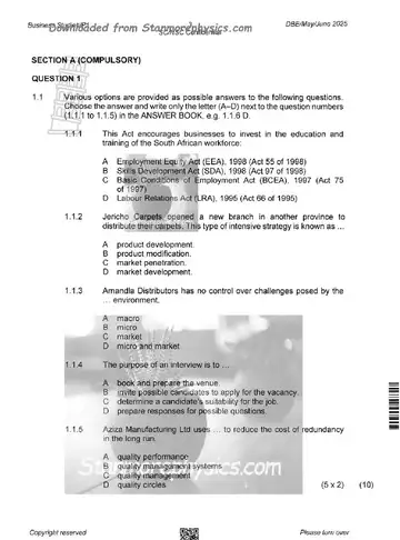 Business Studies Grade 12 May/June 2025 Paper 1 (National DBE) question paper, first page of questions